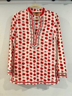 Tory Burch Hedgehog Print Tunic Top Size 0 Red White Embroidered Boho Blouse